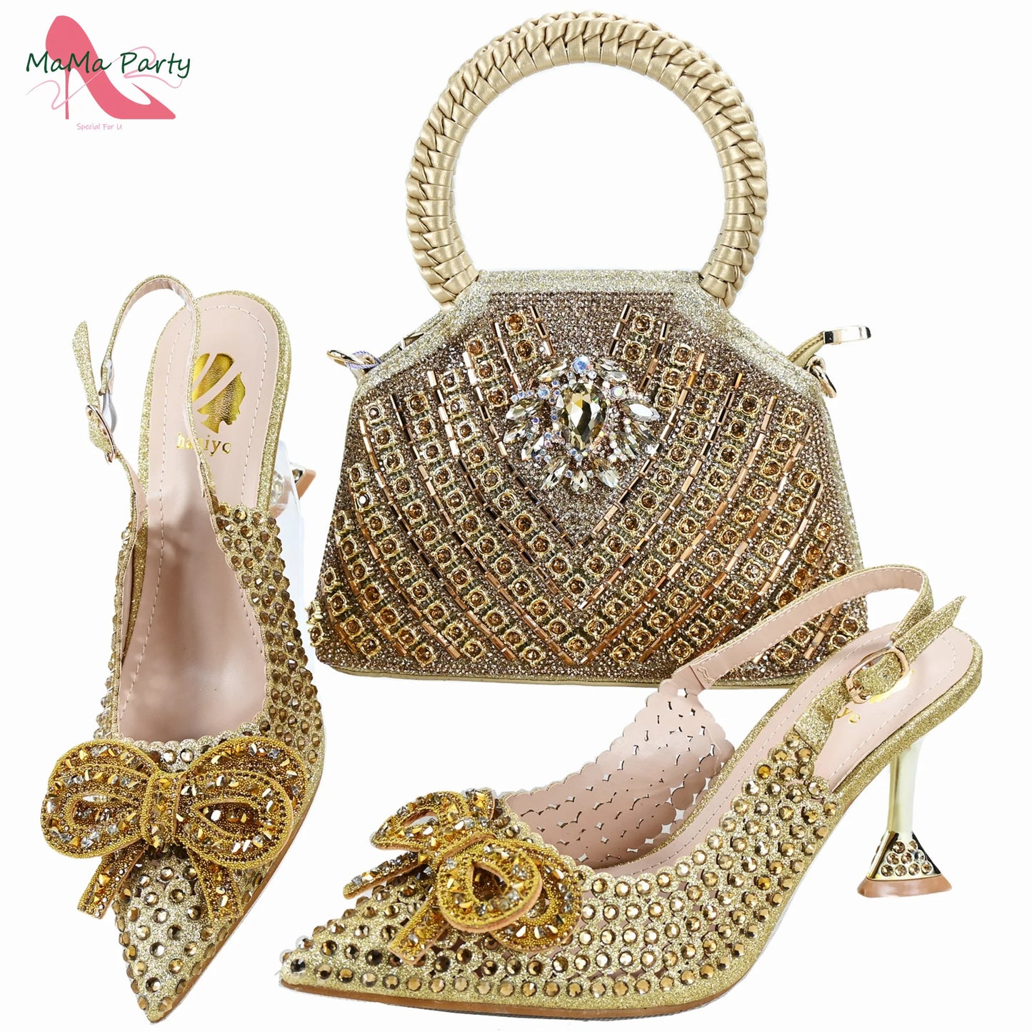 Purple Color New Arrivals Italian Design Nigerian Women Shoes and Bag Set Pointed Toe Slipper with Shinning Crystal for Party