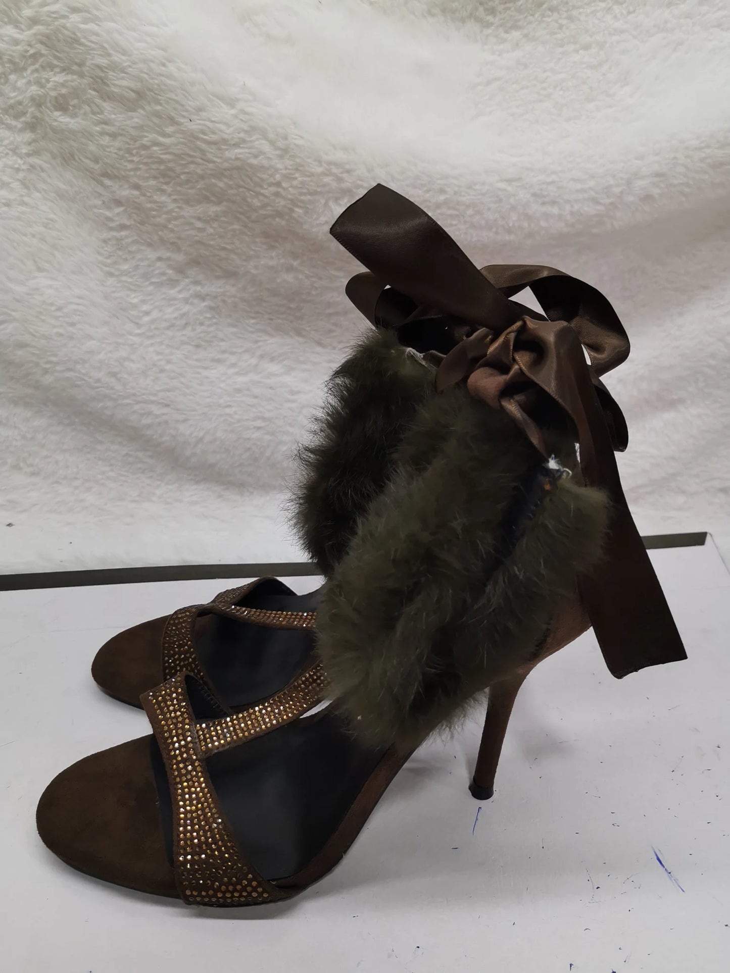 Open Toe Rhinestone T Straps Sandals Ankle Furry Wrapped Cover Heels Stiletto Shallow Pumps Lace Up Summer Single Shoes Women