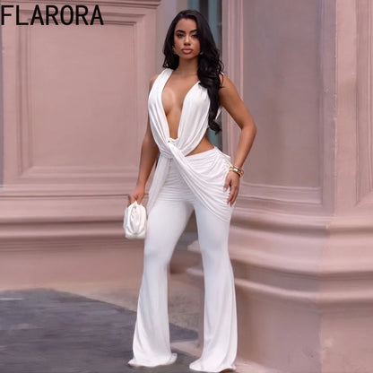 FLARORA Sexy Cross Knot Ruched Flare Jumpsuits Woman Chic Deep V Sleeveless Backless Peach Hip Skinny Playsuits Party Clubwear