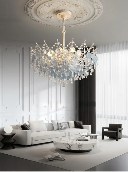 French Luxury LED Pendant Lights Blue White Natural Shell Crystal Chandelier Lamps for Romantic Living Dining Bedroom Home Decor