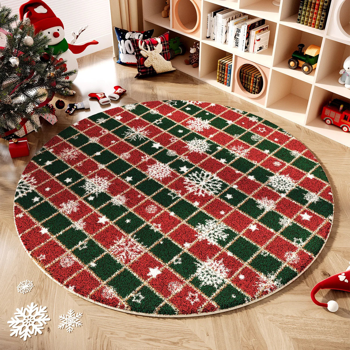 Christmas Round Faux Cashmere Area Rug Non Slip Soft Bedroom Bedside Carpet Xmas Holiday Home Decor Floor Mat for Living Room