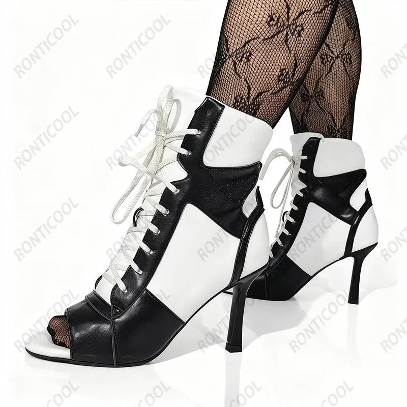 Ronticool Handmade Peep Toe Ankle Boots - Black and White Leather High Heel Shoes with Lace Up Design Size 36-43