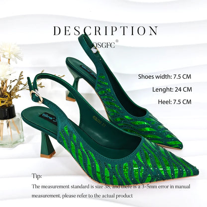 QSGFC New Arrival Fashion Shoes Matching Bag Set Royal Blue Color Decorated with Crystal Ladies Wedding Party Women High Heel
