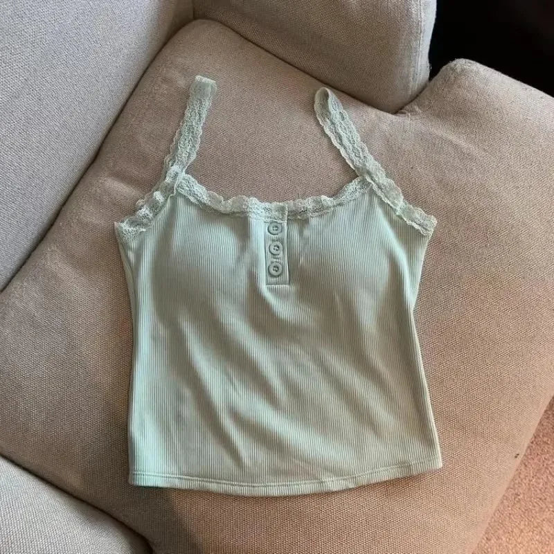 Coquette Y2k Crop Top Summer Lace Tank Top Women Cropped Cute Camis Sexy White Crop Tops Female Korean Sleeveless Black Vest