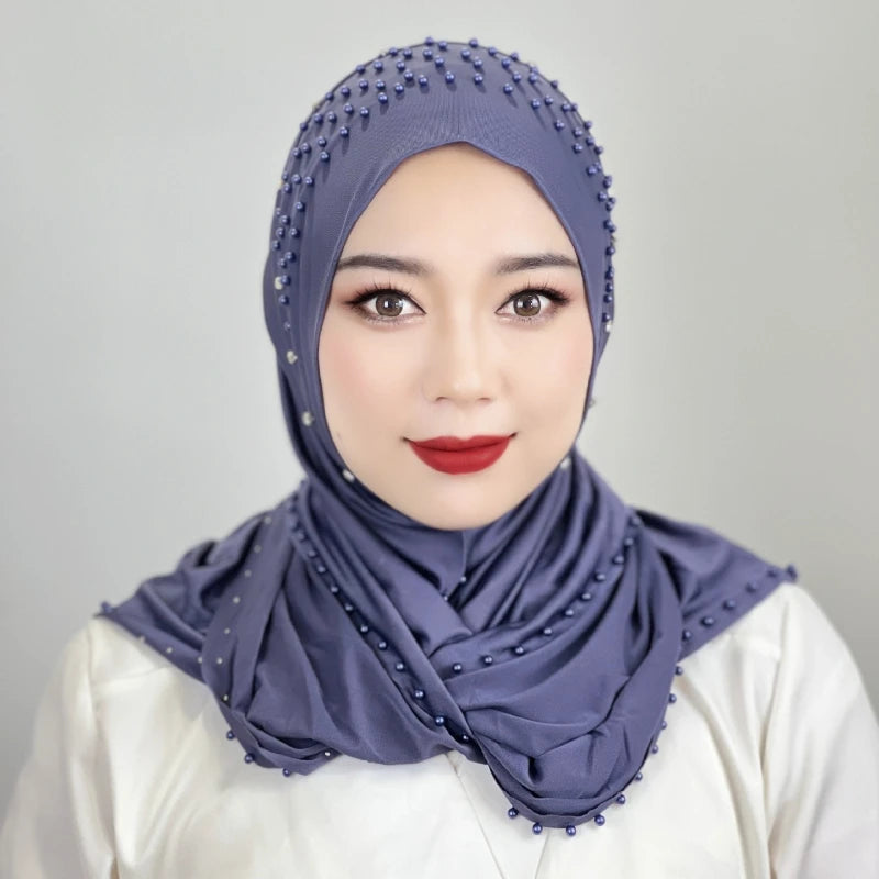 2026 Fashion Versatile Beaded Hijab for Women,Mid-Length Convenient Pull-over Hat Scarf,Malay Shawl Pure Color Women's Headscarf
