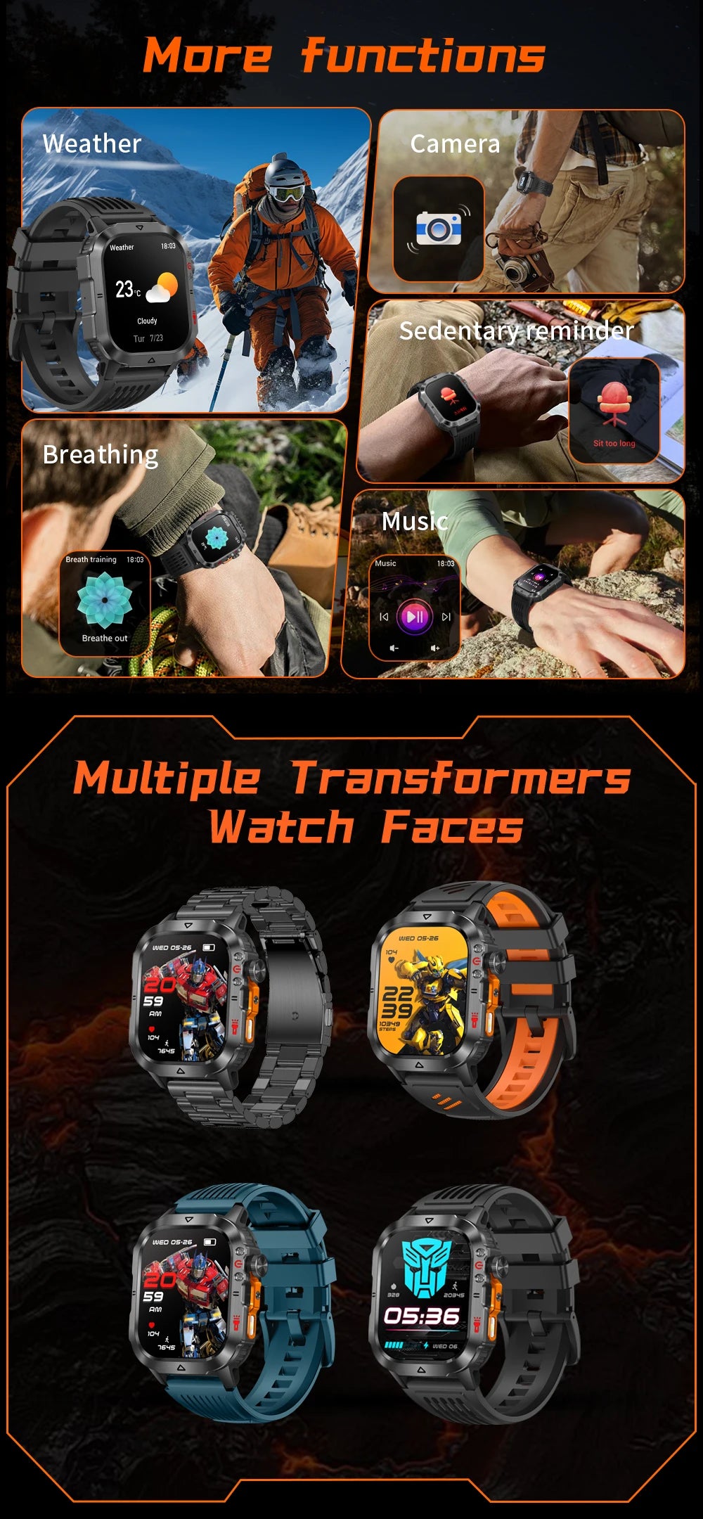New Custom Co branded Men Transformers Smart Watch Outdoor 100mAh Battery GPS Flashlight BT Call Waterproof Sports Smartwatches