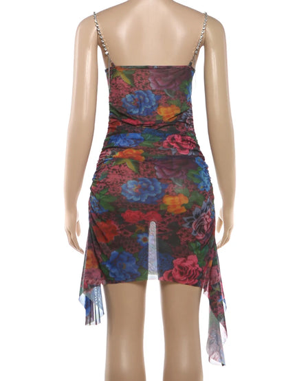 Kliou Floral Print Mini Dress Woman Rhinestone Chain Low-Neck Backless Irregular Hem Midnight Club Party Sexy Fashion Bodycon
