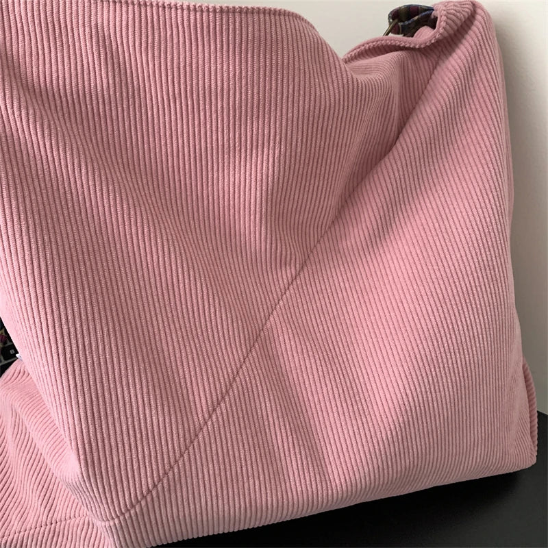 Women Luxury Corduroy Shoulder Bag Large Handbag Big Casual Tote Canvas Lining Solid Cloth Purse Zipper Crossbody Messenger Bags