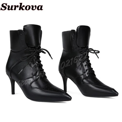 Women'S Black Stitching Lace-Up Short Boots Pointed Toe Stiletto Breathable Sports Boots   Casual All-Match Party Bare Boots 47
