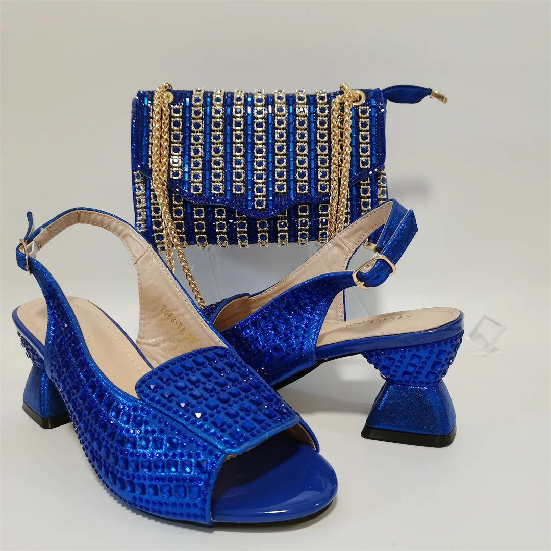 Hot Selling Blue Mid Heel Women Crystal Design Sandal with Rhinestone Bag Set For Lady Party Rhinestone Sandal Shoes F1207-3
