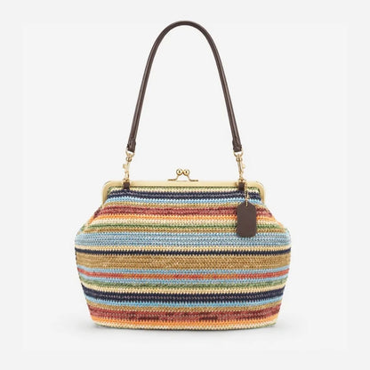 2026 Retro Leather & Straw Woven Bag – Kiss Lock Frame Shell Clutch, Large Capacity Shoulder Tote for Commute Beach Evening