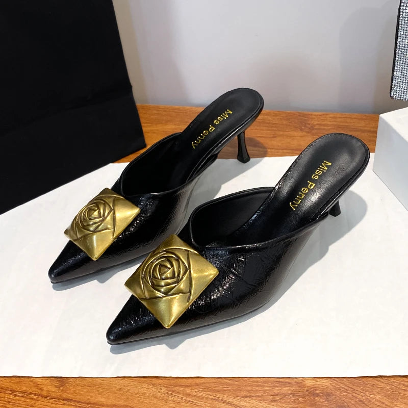 Women High Heels Slippers Summer New Luxury Fashion Gold Flower Decoration Modren Sandals Ladies Pointed Toe Mules Shoes Slides