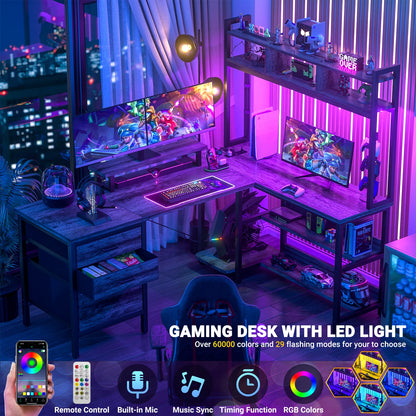 Aheaplus L-Shaped Gaming Desk with LED Lights, Reversible Corner Computer Desk with Power Outlet, 3 Fabric Drawer & Monitor Stand, Large Storage Shelves for Home Office, Black Oak