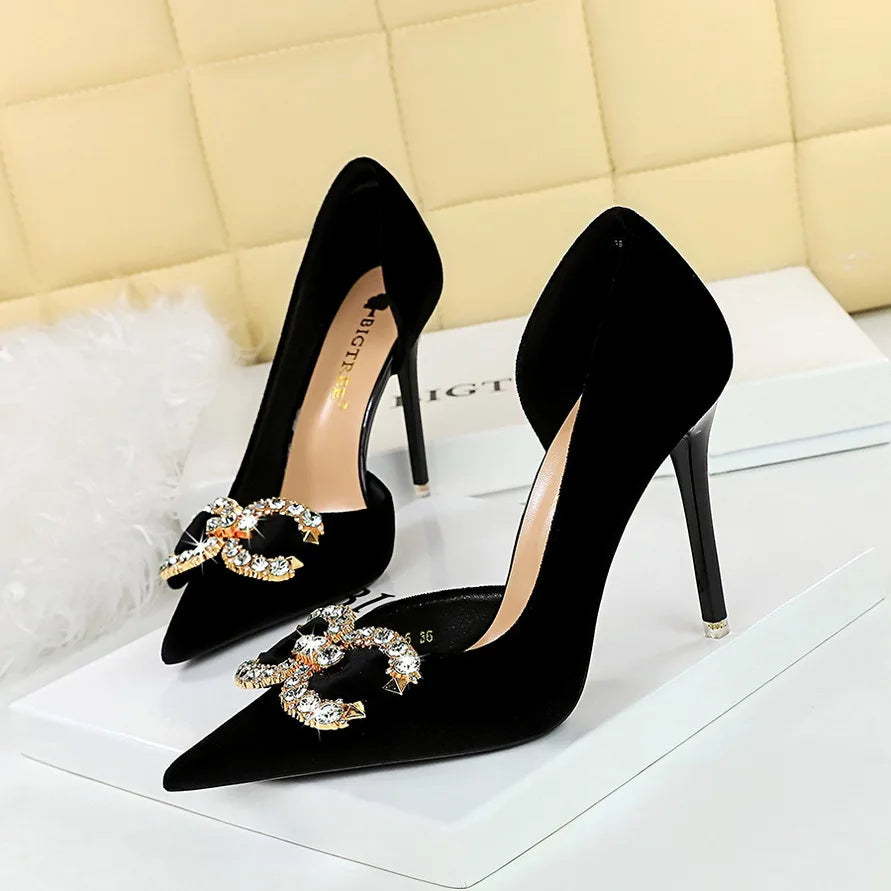 BIGTREE Party Pumps 7cm Thin High Heels Western Style Velvet Shallow Pointed Toe Side Hollow Crystal Pearl Bow Lady Shoes Pink