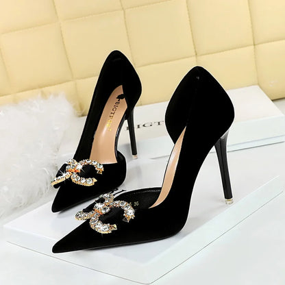 BIGTREE Party Pumps 7cm Thin High Heels Western Style Velvet Shallow Pointed Toe Side Hollow Crystal Pearl Bow Lady Shoes Pink