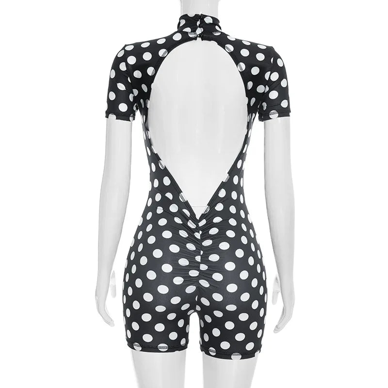 FAGADOER Retro Big Polka Dot Bodycon Rompers Women Short-sleeve Back Hollow Out Ruched Jumpsuits Streetwear Party Club Playsuits