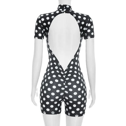 FAGADOER Retro Big Polka Dot Bodycon Rompers Women Short-sleeve Back Hollow Out Ruched Jumpsuits Streetwear Party Club Playsuits