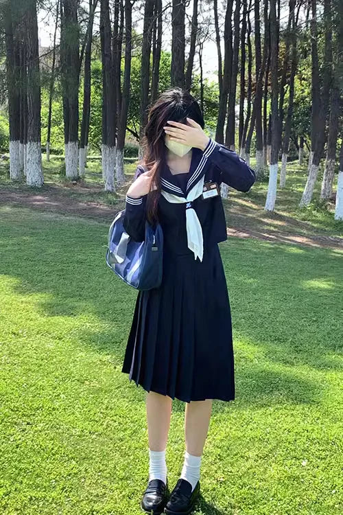 Japanese Classical Dark Blue long-sleeved sailor uniforms white collar towel High School JK uniform cosplay Cute Girl DA020