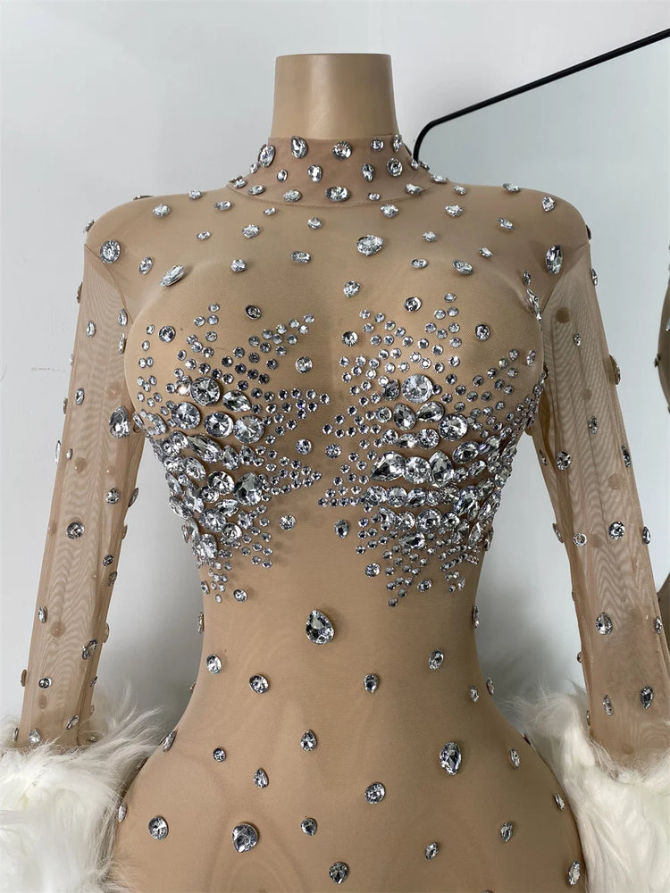 Luxury Diamonds Mesh Transparent Stretchy Jumpsuit for Women Sexy Long Sleeve Performance Singer Costume Nightclub Outfit 2025