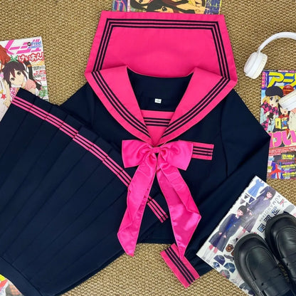Japanese Dark College Style Rose Red Three Sailor Suit JK School Uniform,Slim Pleated Skirt Set for Campus Daily Graduation Wear