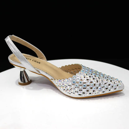 Elegant Multicolor Rhinestone Slingback Heels & Bucket Bag Set Luxury Crystal Matching Kit for Wedding Party Evening Bridal Form