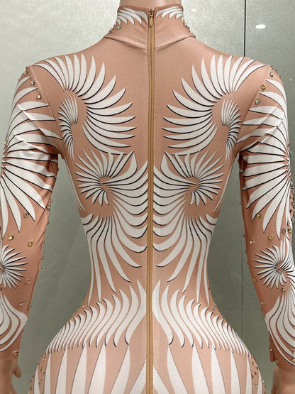 White Printing Shinning Diamonds Sexy Elastic Sheath Long Jumpsuit Evening Party Performance Bar DJ Nightclub Singer Stage Wear