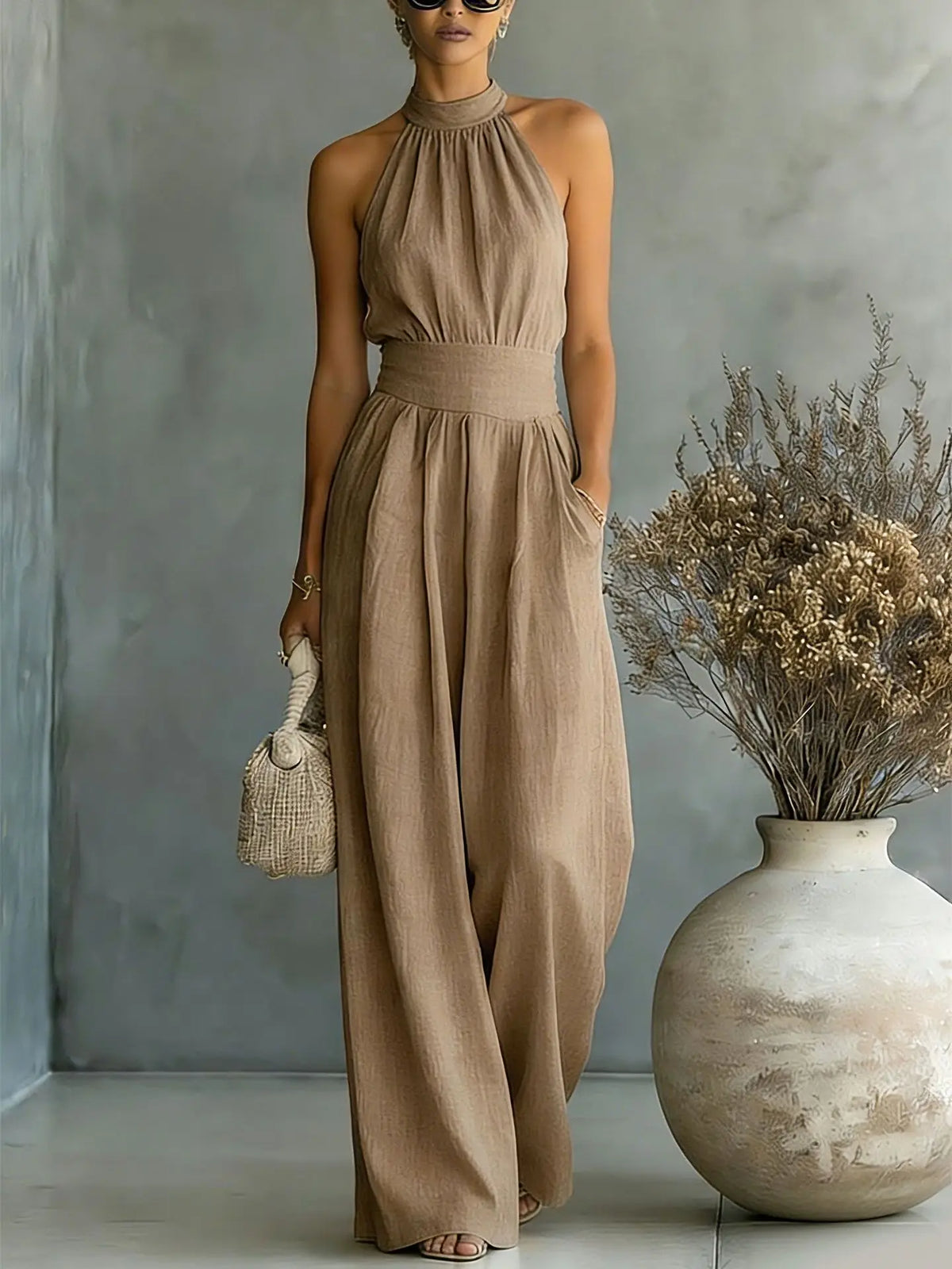 Women Solid Textured Fabric Jumpsuit Halter Sleeveless Open Shoulder Elastic Smocked Cinched Waist  Pockets Wide Leg Romper