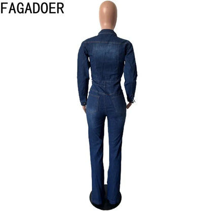 FAGADOER Fashion Denim Elastic Flared Pants Jumpsuits Women Turndown Collar Button Long Sleeve Playsuits Female Cowboy Overalls