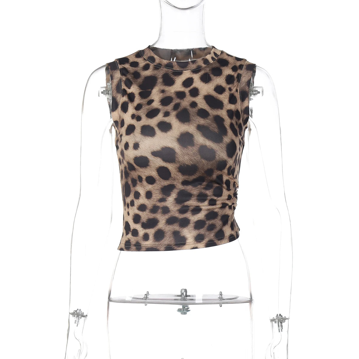 Dulzura Summer Fashion Sexy O-Neck Sleeveless Shirring Leopard Print T-Shirt Women'S Casual Versatile Y2K Top Party Club Clothes