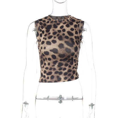 Dulzura Summer Fashion Sexy O-Neck Sleeveless Shirring Leopard Print T-Shirt Women'S Casual Versatile Y2K Top Party Club Clothes