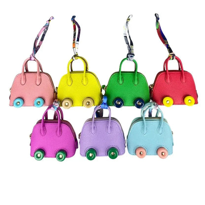 Leather Mini Bag Charm With Cute Wheels - Earphones & Lipstick Pouch with Dual Straps-PU Leather-Ideal For Bag Accessory
