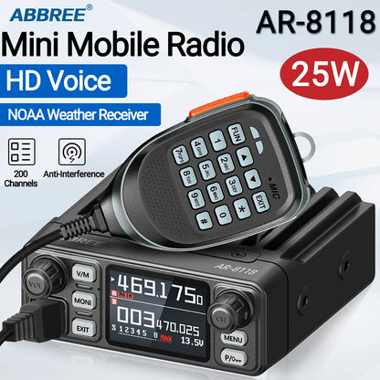 ABBREE AR-8118 Mini Mobile Radio 25W Dual Band VHF UHF 200CH Long Range NOAA VOX Clear HD Voice Dual PTT Car Radio