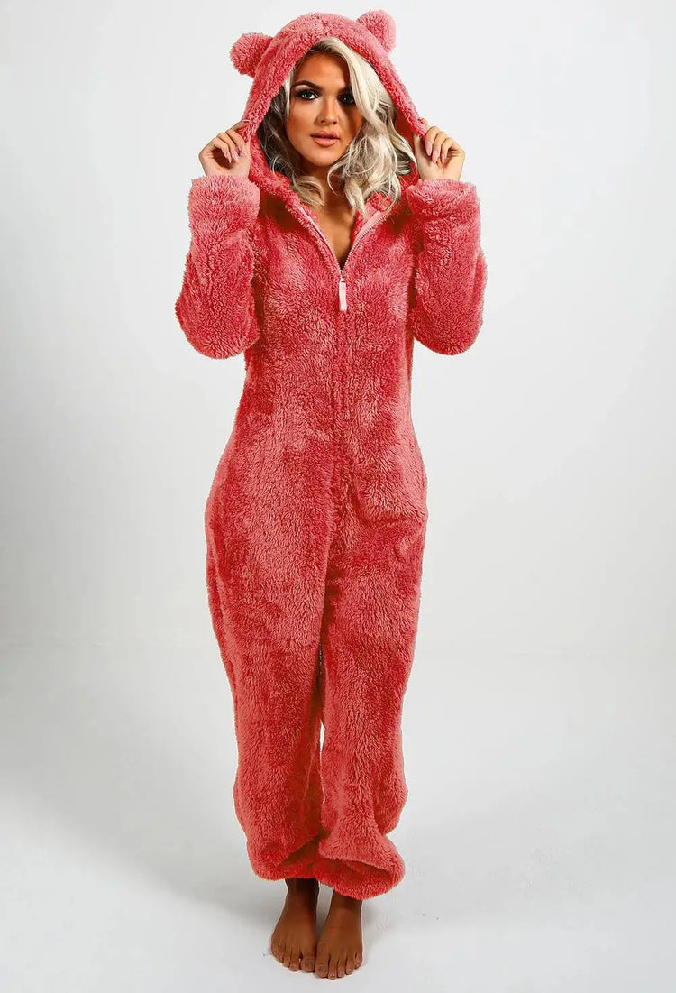Casual Cute Women's Thick Warm Furry Jumpsuit One-Piece Solid color Hooded Pants Set Home Wear Comfortable Jumpsuits Overall