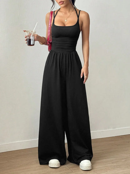 Women Halter Spaghetti Strap Jumpsuits Summer Casual Elastic High Waist Backless Wide Leg Long Pants Romper Club Party Overalls