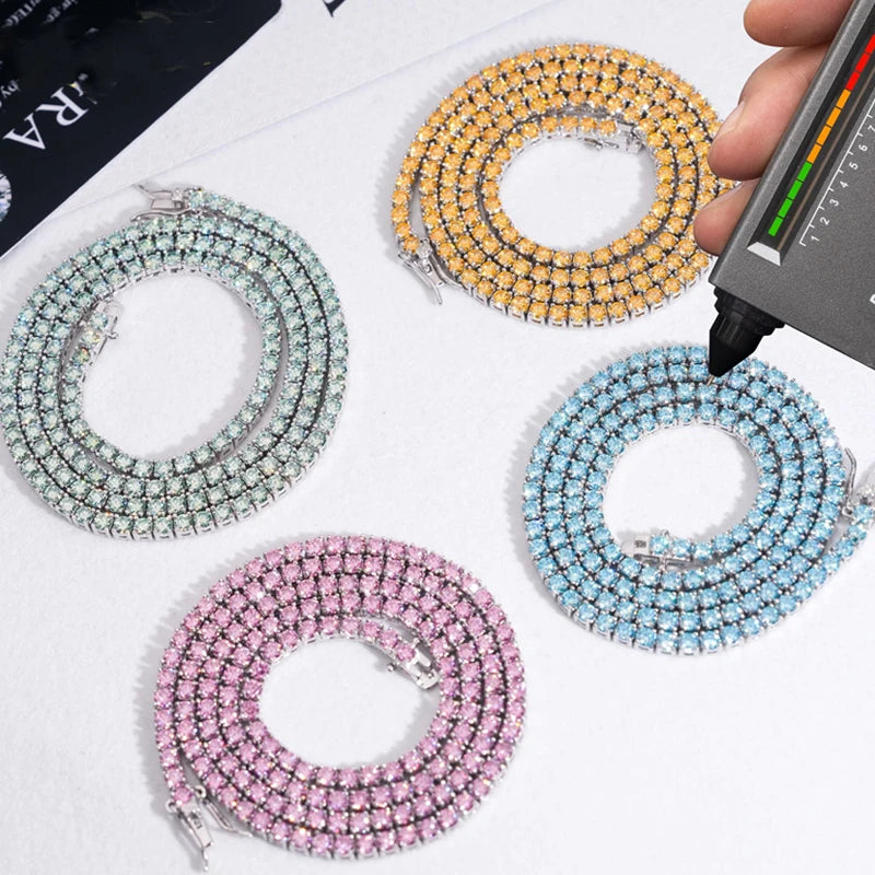 Hiphop 3-4mm Golden Yellow Moissanite Tennis Chain Bracelet Necklace S925 Silver Blue Moissanite Tennis Mecklace