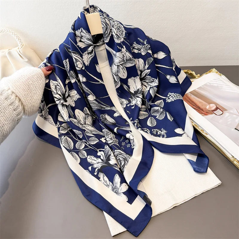 2026 Luxury Brand Square Scarf Design Shawl Wrap 90cm Print Twill Silk Women Hijab Female Foulard Headband Bandana