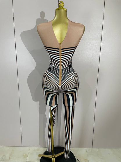 Women Zebra Stripes Long Sleeve Bodycon Jumpsuit Two Piece Set Birthday Party Nightclub Stage Performance Festival Rompers
