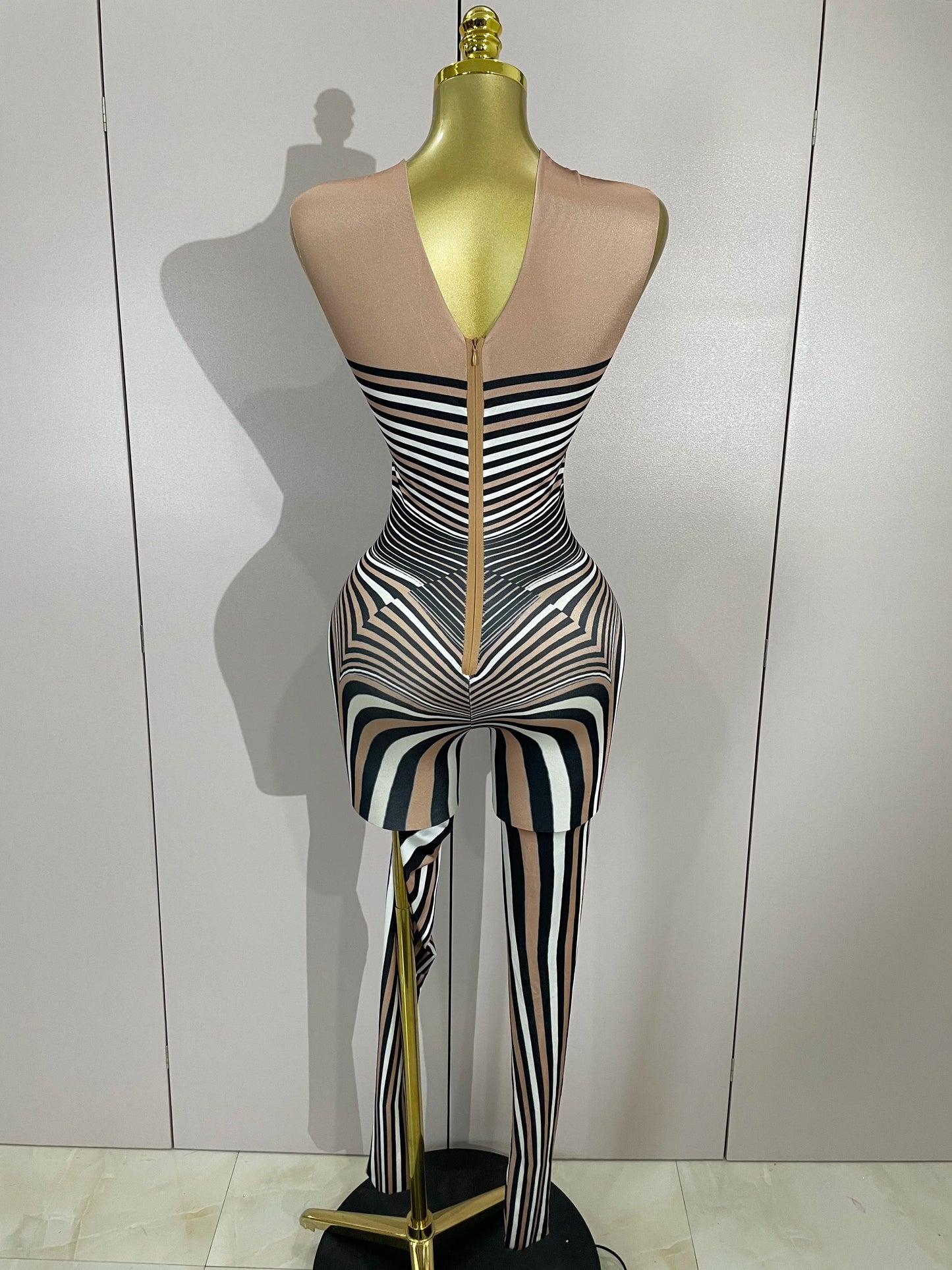Women Zebra Stripes Long Sleeve Bodycon Jumpsuit Two Piece Set Birthday Party Nightclub Stage Performance Festival Rompers