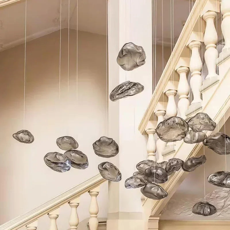 Nordic Designer Smoke Gray Cloud Glass Hanging Chandelier Hotel Living Room Art LED Pendant Lamp Staircase Decor Lights Fixtures