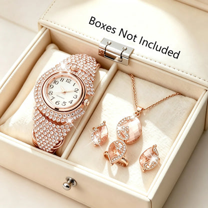 5PCS Luxury Diamond Watch Necklace Earrings Ring Set Fashion Women Crystal Bangle Quartz Wristwatch Jewelry Gifts（Without Box）