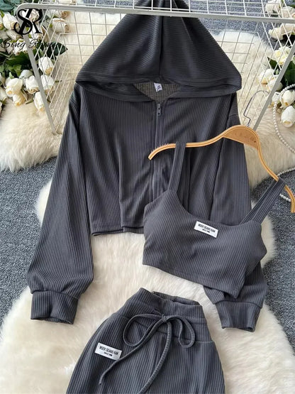 SINGREINY 2026 Autumn Sporty Suits Ladies Full Sleeves Hoodies+Sling Mini Camis+Drawstring Long Pants Casual Three Pieces Sets