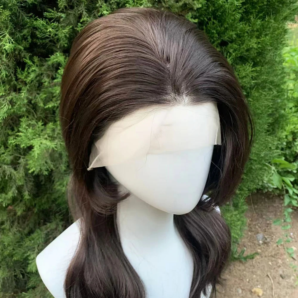13X4 Glueless Synthetic Lace Front Wigs Brown Color Natural Wave Shoulder Length Layer Ponytails Short Cut Cosplay Wig for Women