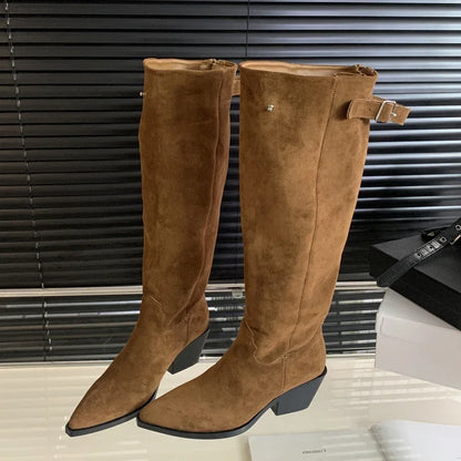 Eilyken Designer Belt Buckle Pointed Toe Women Knee-High Boots Fashion Winter Zipper Square Low Heels Female Shoes