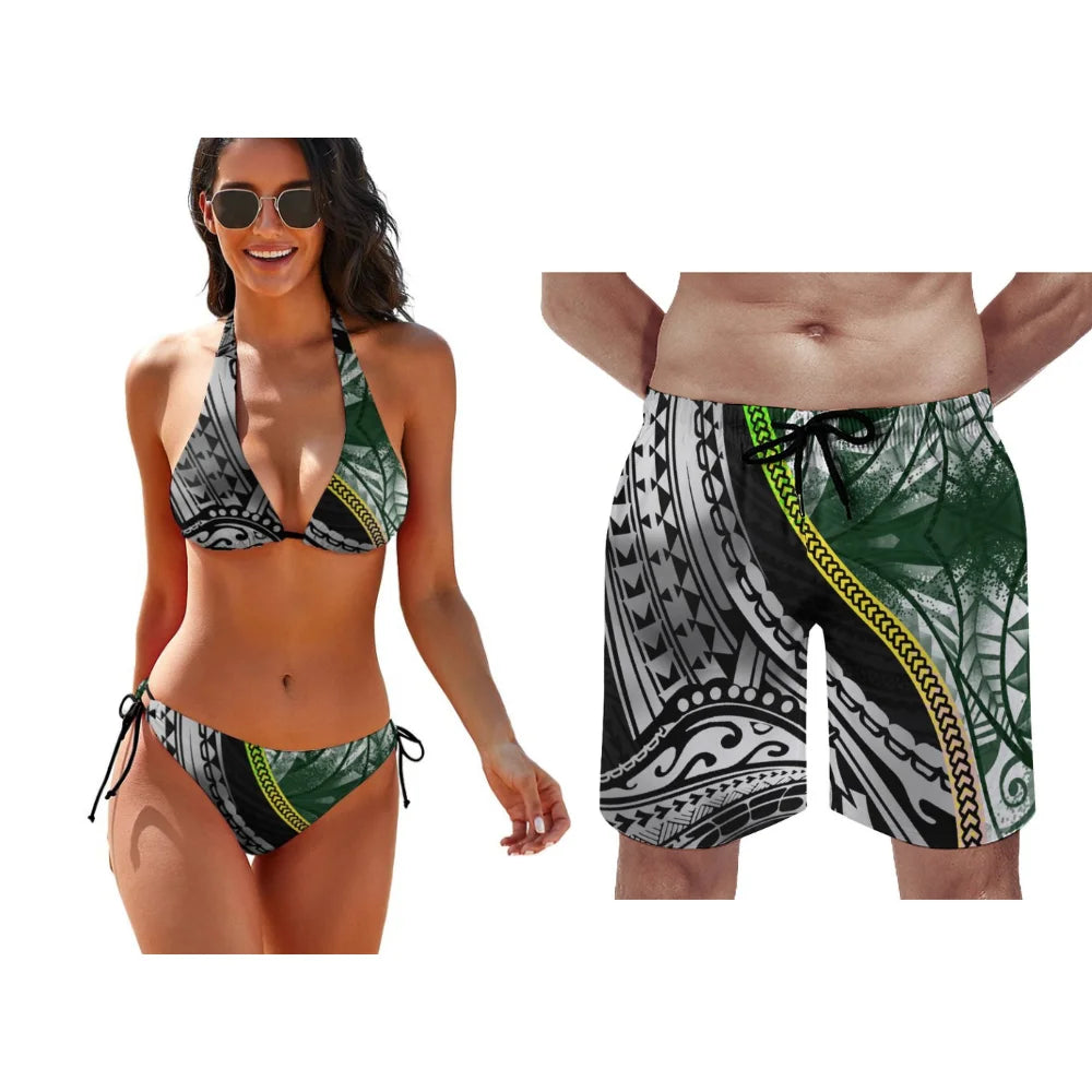 Polynesian Pattern Floral Print Lace-Up Swimsuit Pool Party Couple Suit Summer Custom Couple Suit Women Bikini Men Beach Pants