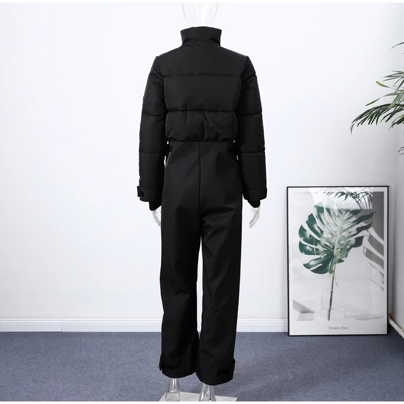 Fashion Hooded One-Piece Ski Jumpsuit Women Stand Collar Zipper High Waist Solid Windproof Outwear 2026 Winter Lady Skiwears New