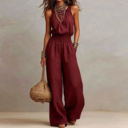 Spring Summer Solid High Waist Woman Jumpsuits Elegant Halter Tie-up Backless Rompers Casual Sleeveless Wide Leg Pocket Overalls
