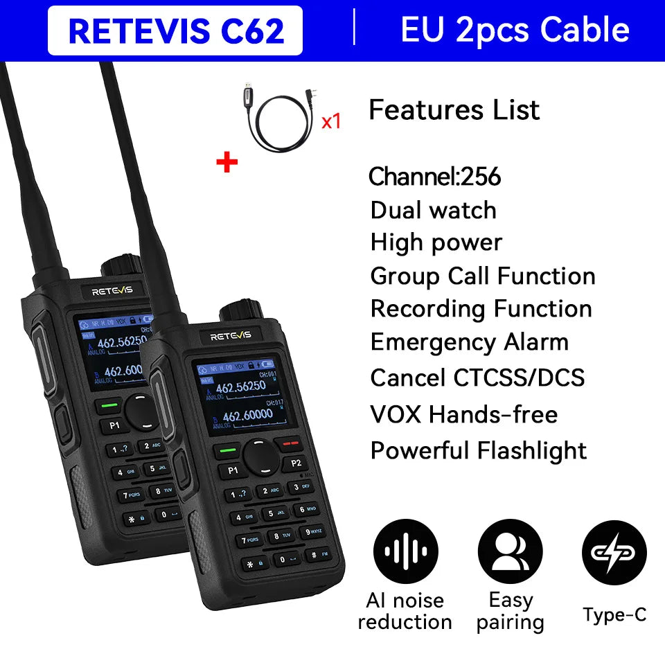 Retevis C62/C2/C22 Walkie Talkie Long Range Communication Radio VHF UHF Ham Radio Station Noise Reduction Group Call Camping