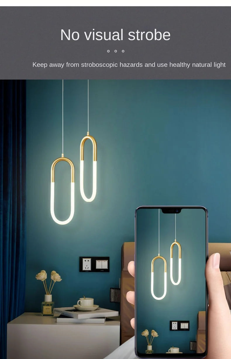 Brass U-shaped tube LED pendant lights Bedroom Bedside Long-line hanging lamp Kitchen Island Dining table Home Decor Luminaires