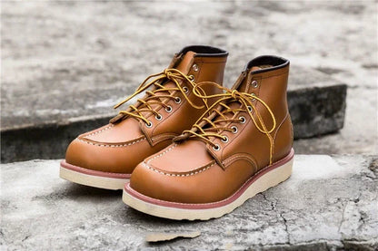 Men's Goodyear-Welted Vintage Genuine Leather Mid-calf Motorcycle Boots Round toe Casual Punk Dress Boots Work Shoes Western Red