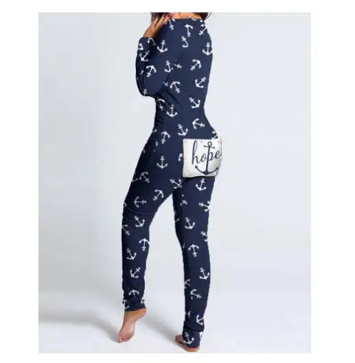 Sexy Pyjama Women's Long Sleeves Homewear Suit Button-Down Front Back Butt Bum Open Ass Flap Jumpsuit Loungewear Christmas Print